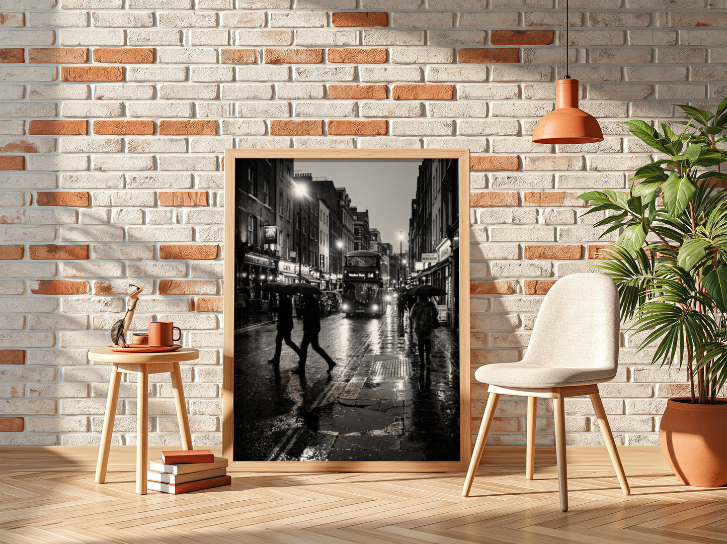 black and white wall decor showing figures walking on rainy city street with umbrellas and double-decker bus