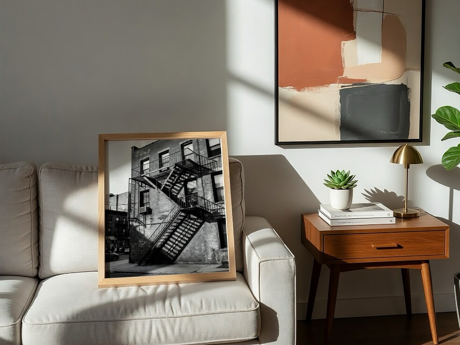 black and white wall decor showing fire escape stairs on brick building with shadows