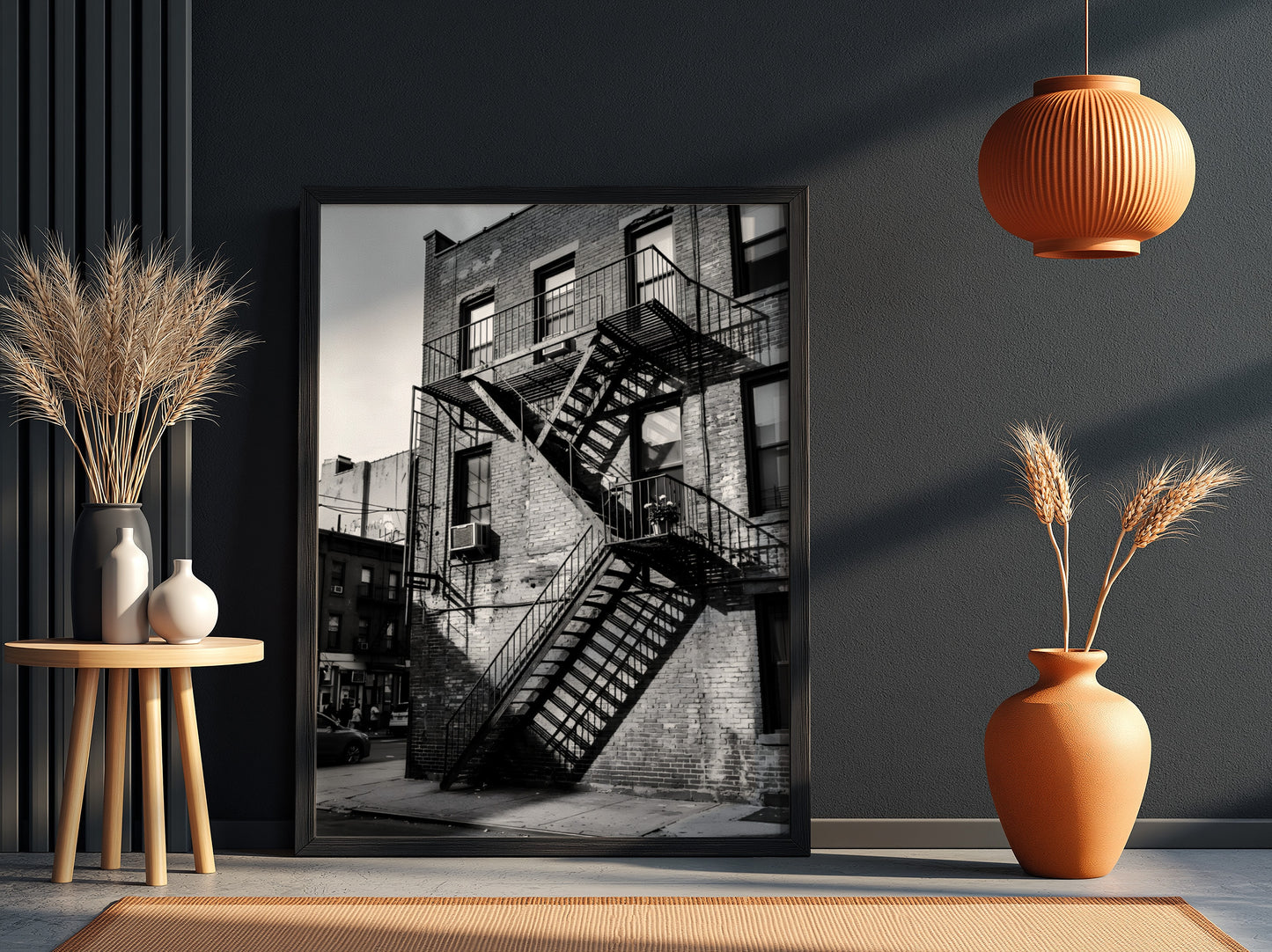 black and white wall decor showing fire escape stairs on brick building with shadows