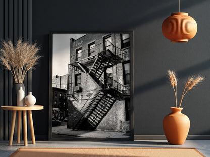 black and white wall decor showing fire escape stairs on brick building with shadows