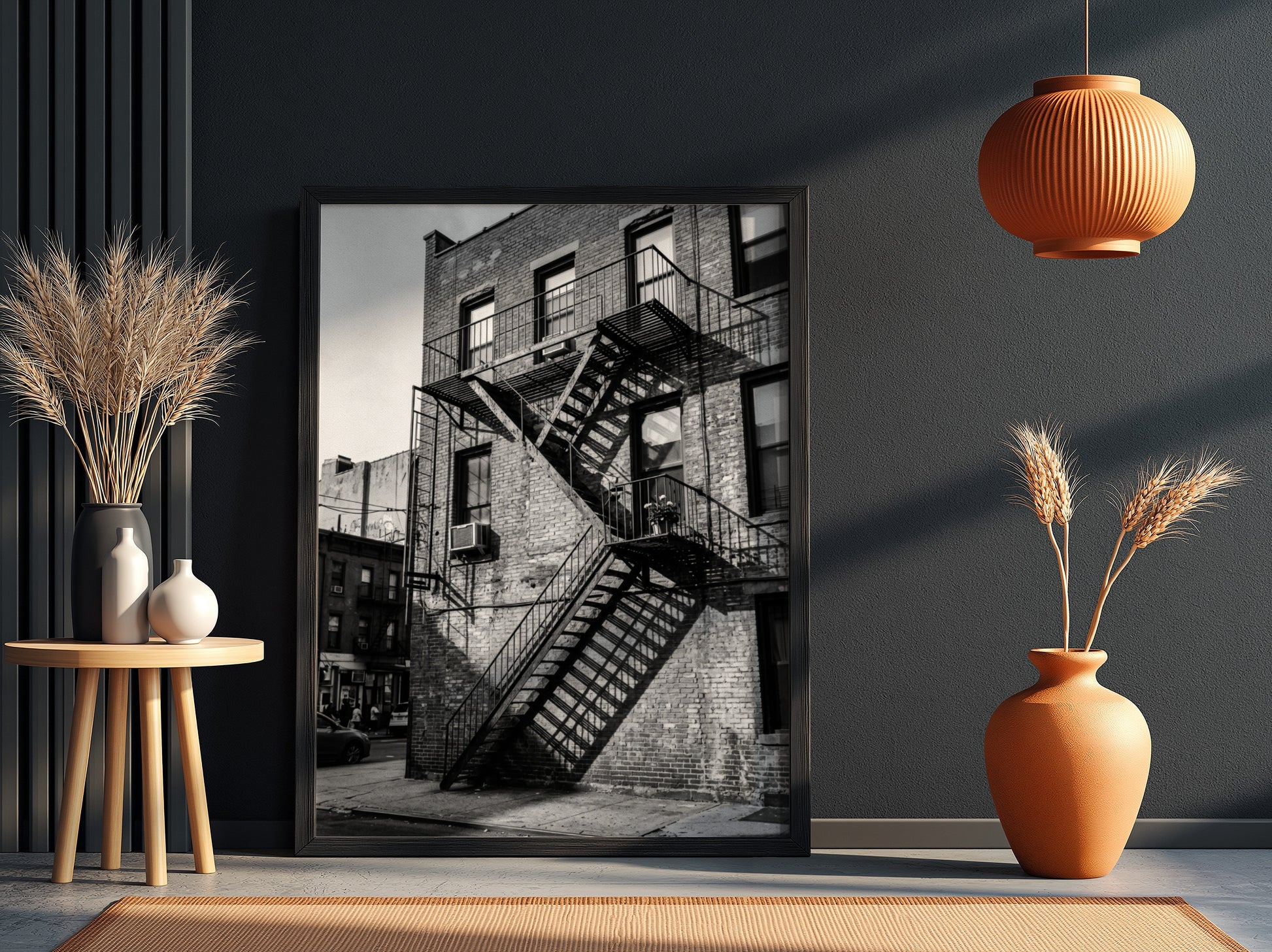 black and white wall decor showing fire escape on brick building with strong shadows