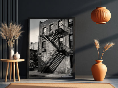 black and white wall decor showing fire escape on brick building with strong shadows