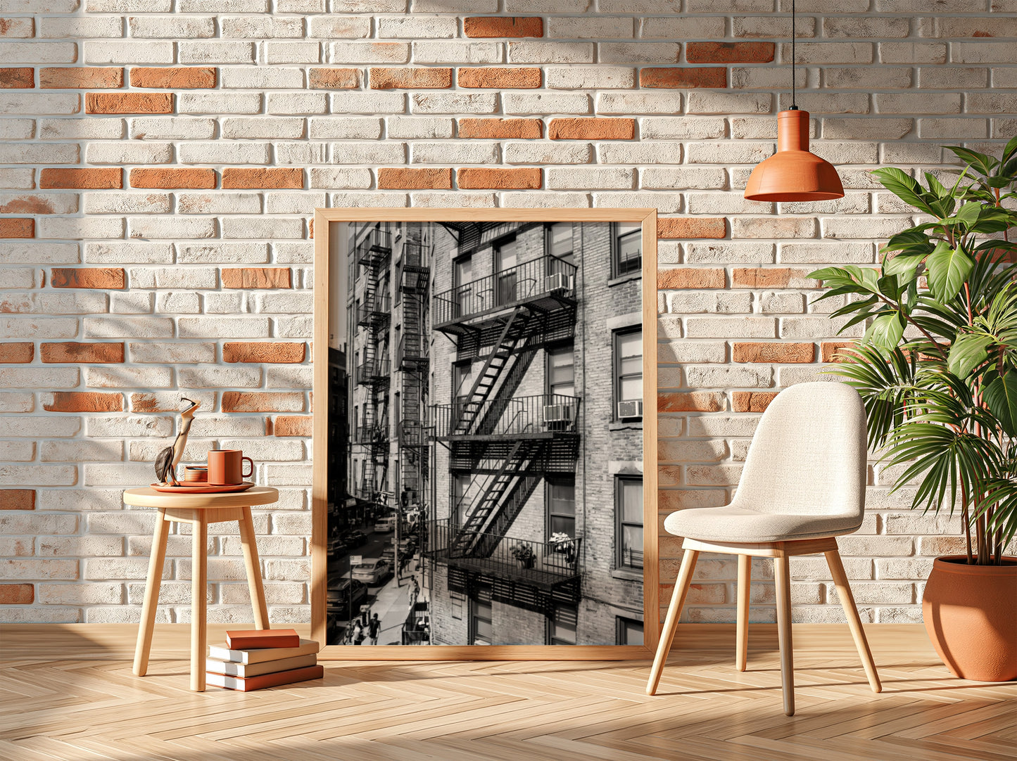 black and white wall decor featuring fire escape on brick tenement building with urban street below