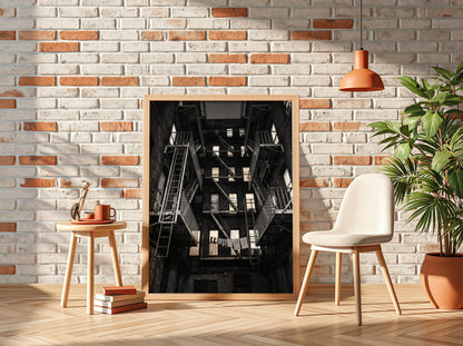 Black and white wall decor showing fire escapes on tenement building with geometric patterns and urban