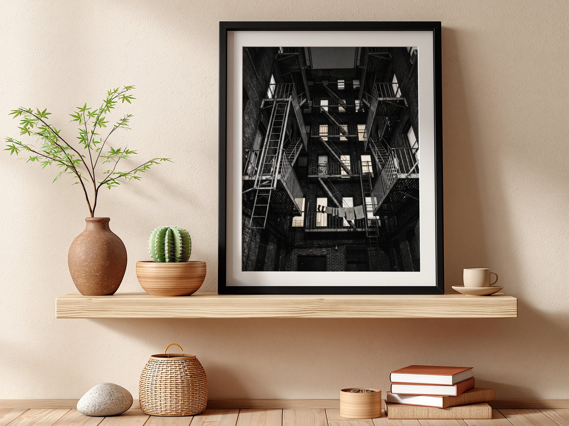 Black and white wall decor showing fire escapes on tenement building with geometric patterns and urban