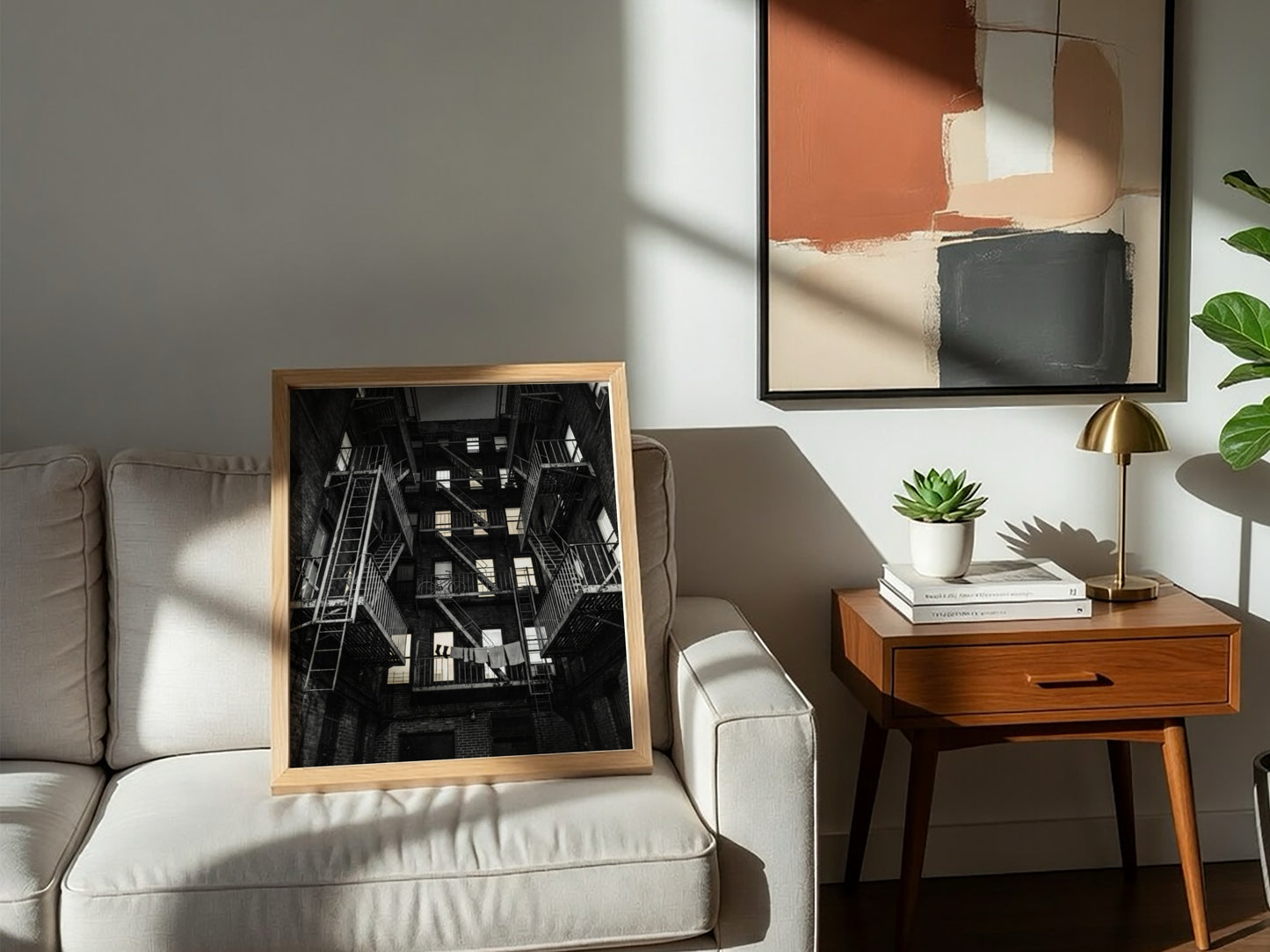 Black and white wall decor showing fire escapes on tenement building with geometric patterns and urban