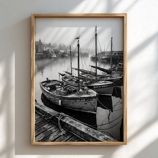 Black and white poster of fishing boats moored in harbor with wooden docks and calm water reflections