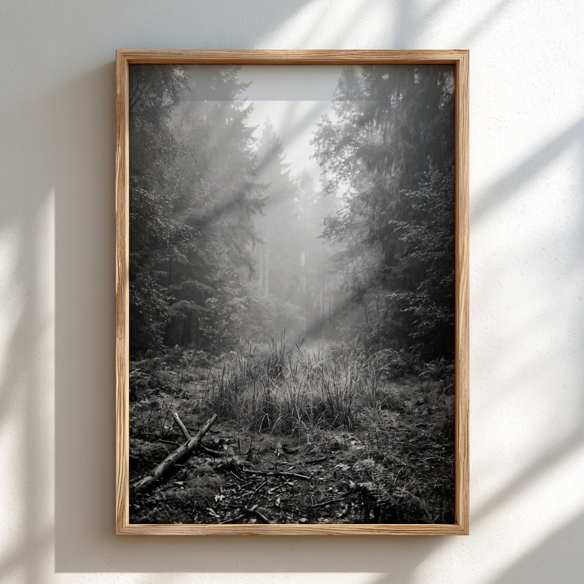 Poster showing a monochrome foggy forest clearing with dense trees and soft light