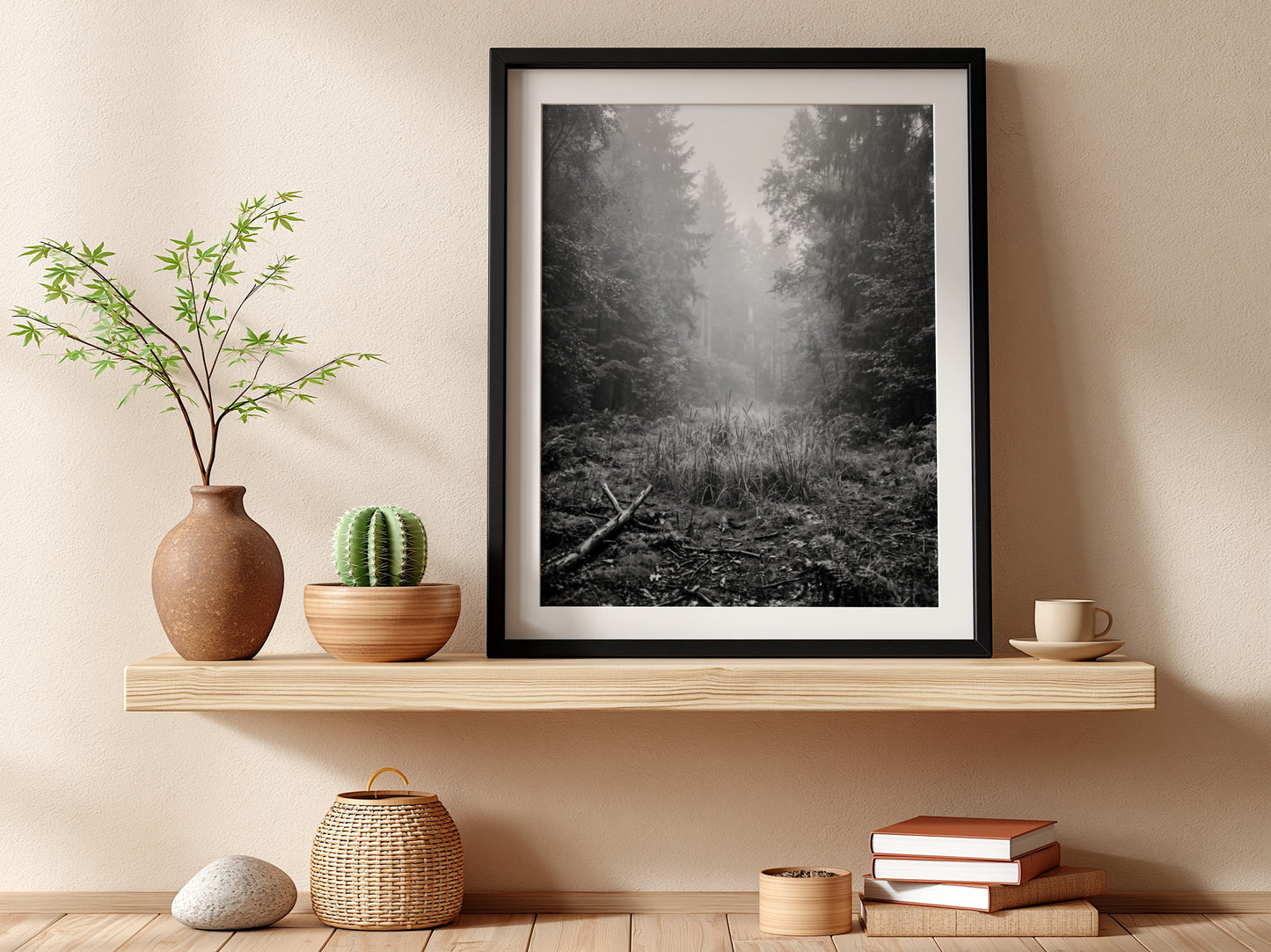 Poster showing a monochrome foggy forest clearing with dense trees and soft light