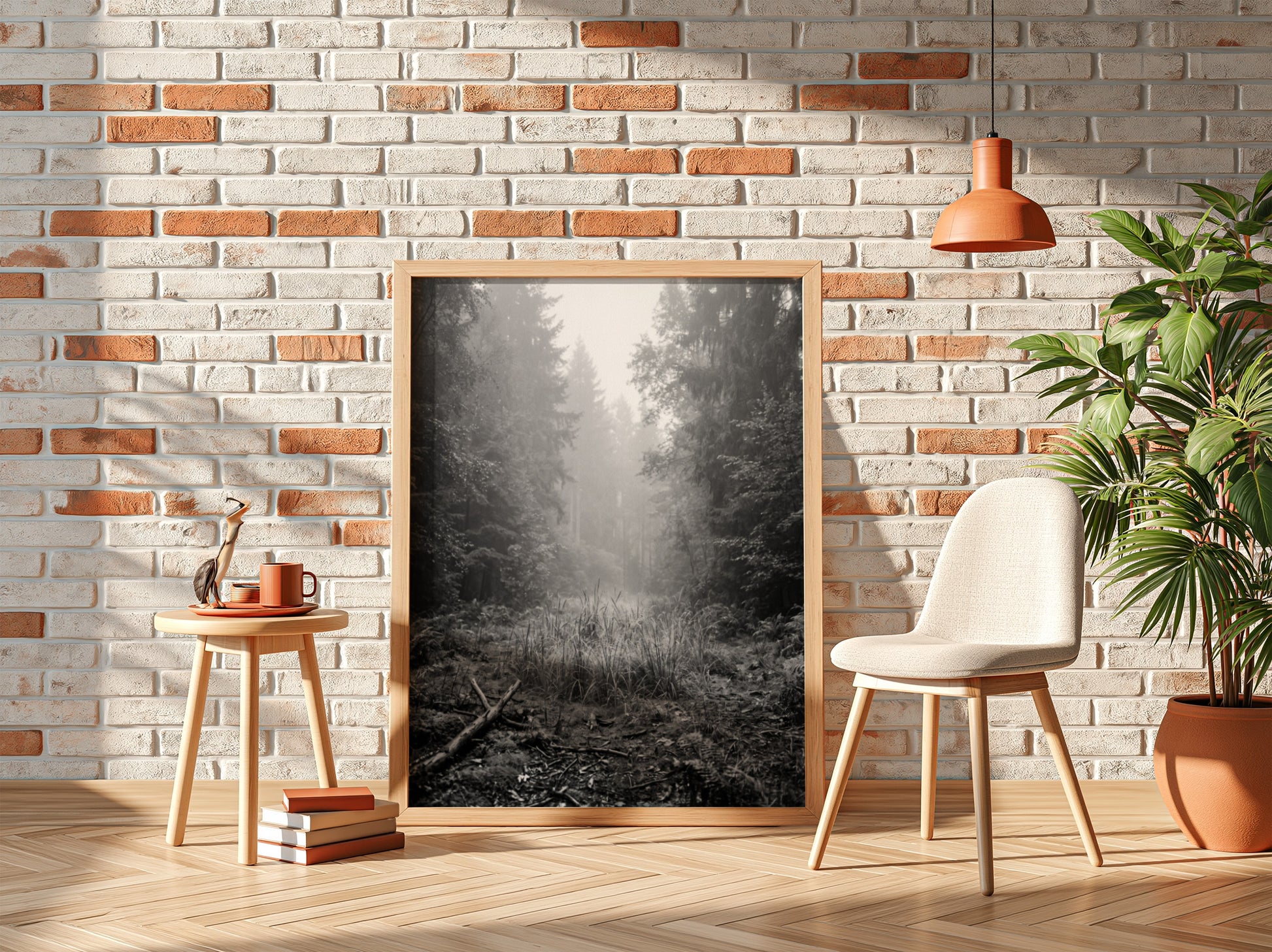 Poster showing a monochrome foggy forest clearing with dense trees and soft light