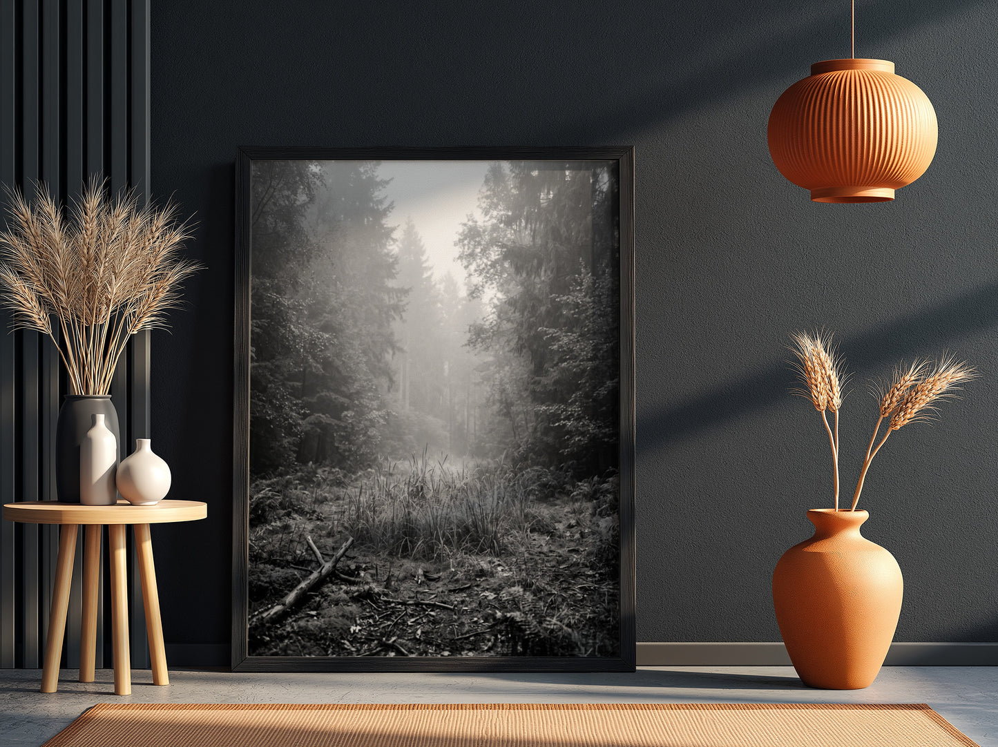 Poster showing a monochrome foggy forest clearing with dense trees and soft light
