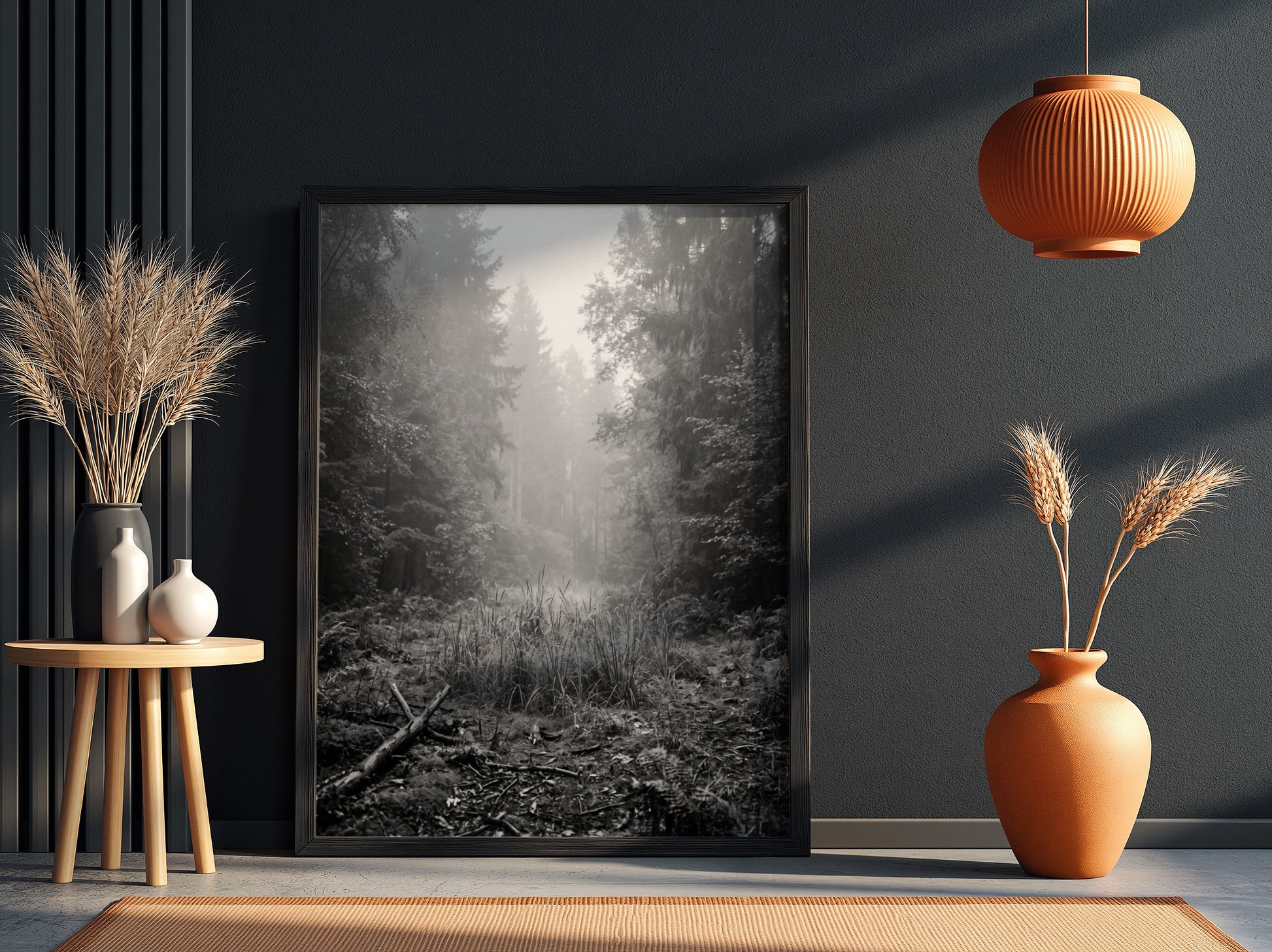 Poster showing a monochrome foggy forest clearing with dense trees and soft light