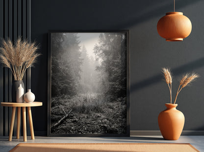Poster showing a monochrome foggy forest clearing with dense trees and soft light