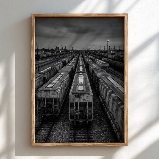 Wall decor showing black and white photograph of freight cars in rail yard with industrial background
