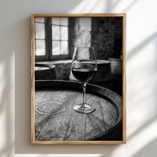 Black and white poster of a glass of wine on wooden barrel with window light shadows