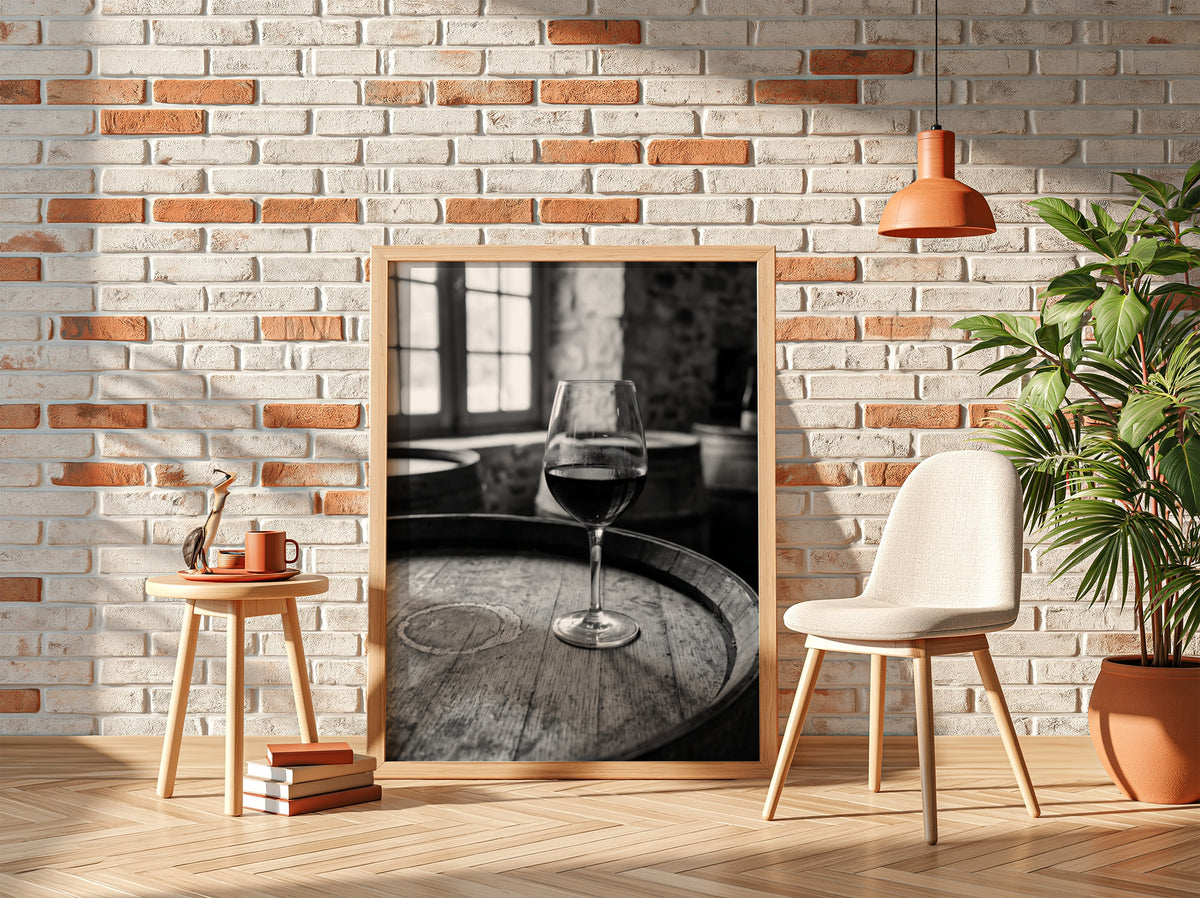 Black and white poster of a glass of wine on wooden barrel with window light shadows