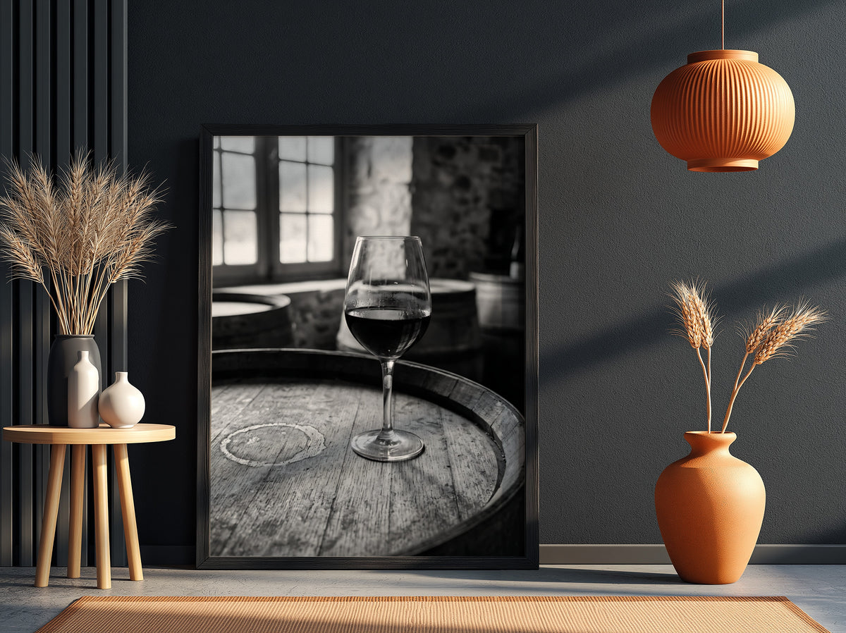 Black and white poster of a glass of wine on wooden barrel with window light shadows