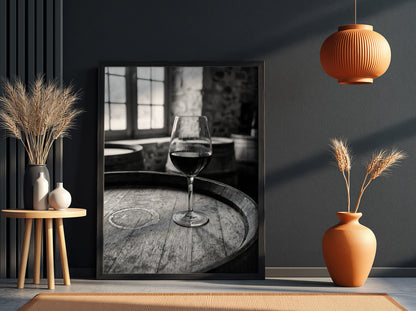 Black and white poster of a glass of wine on wooden barrel with window light shadows