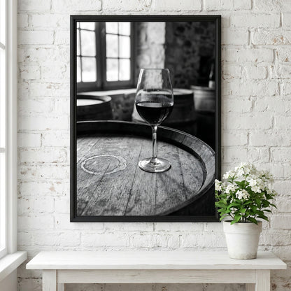 Black and white poster of a glass of wine on wooden barrel with window light shadows