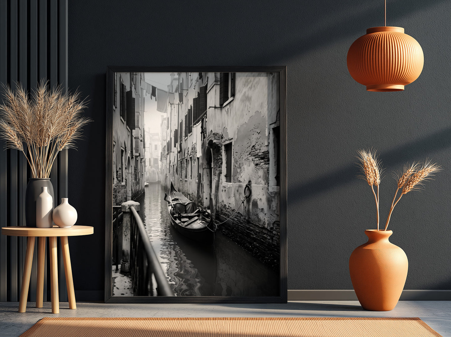 Black and white poster of a gondola moored in a narrow Venetian canal with historic buildings and hanging