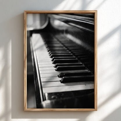 Wall decor showing close-up black and white grand piano keys with glossy finish and reflections