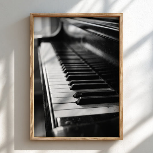 Wall decor showing close-up black and white grand piano keys with glossy finish and reflections