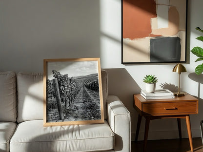 Black and white photographic wall decor showing rows of grapevines receding toward a distant hillside