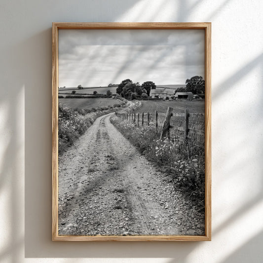Black and white photographic wall decor of gravel road through open farmland with wooden fence and wildflowers