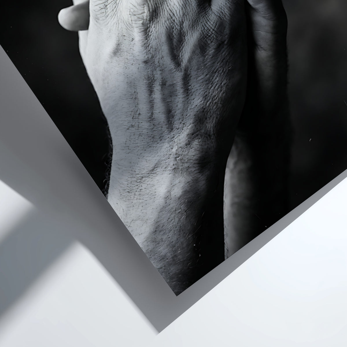 black and white poster featuring expressive hands in detailed monochrome style with textured skin and shadows