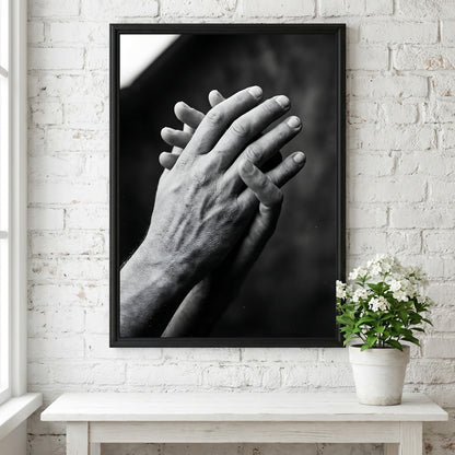 black and white poster featuring expressive hands in detailed monochrome style with textured skin and shadows
