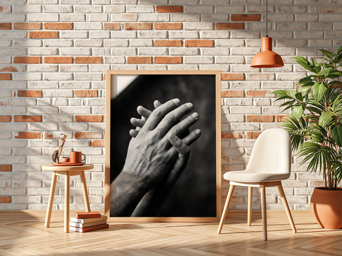black and white poster featuring expressive hands in detailed monochrome style with textured skin and shadows