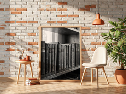 Poster showing hardcover book spines on wooden shelf in black and white vintage photographic style
