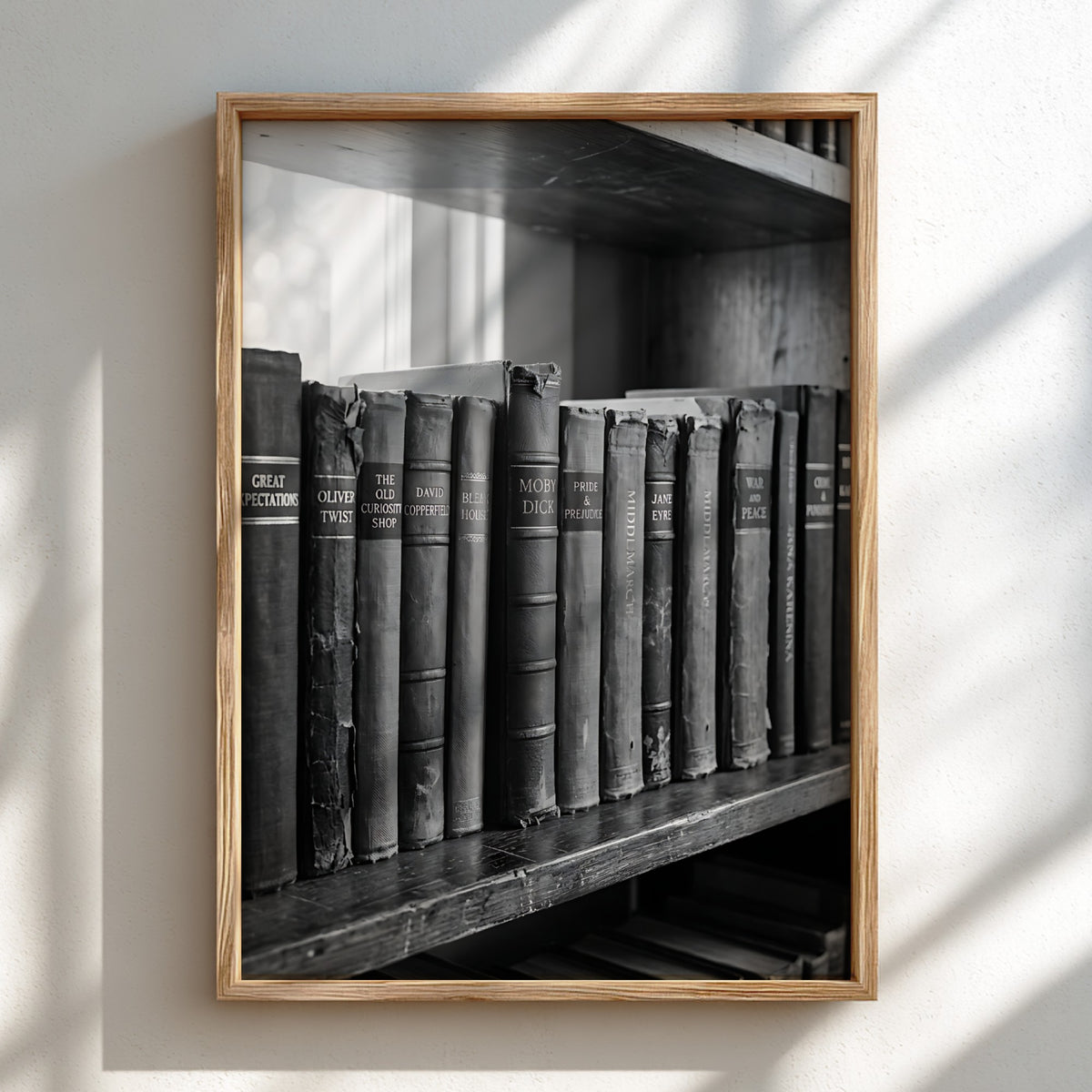 Poster showing hardcover book spines on wooden shelf in black and white vintage photographic style