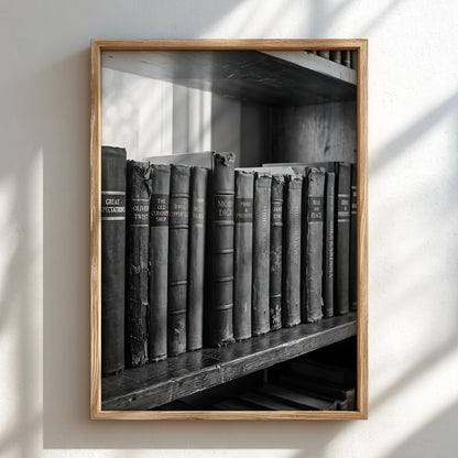 Poster showing hardcover book spines on wooden shelf in black and white vintage photographic style