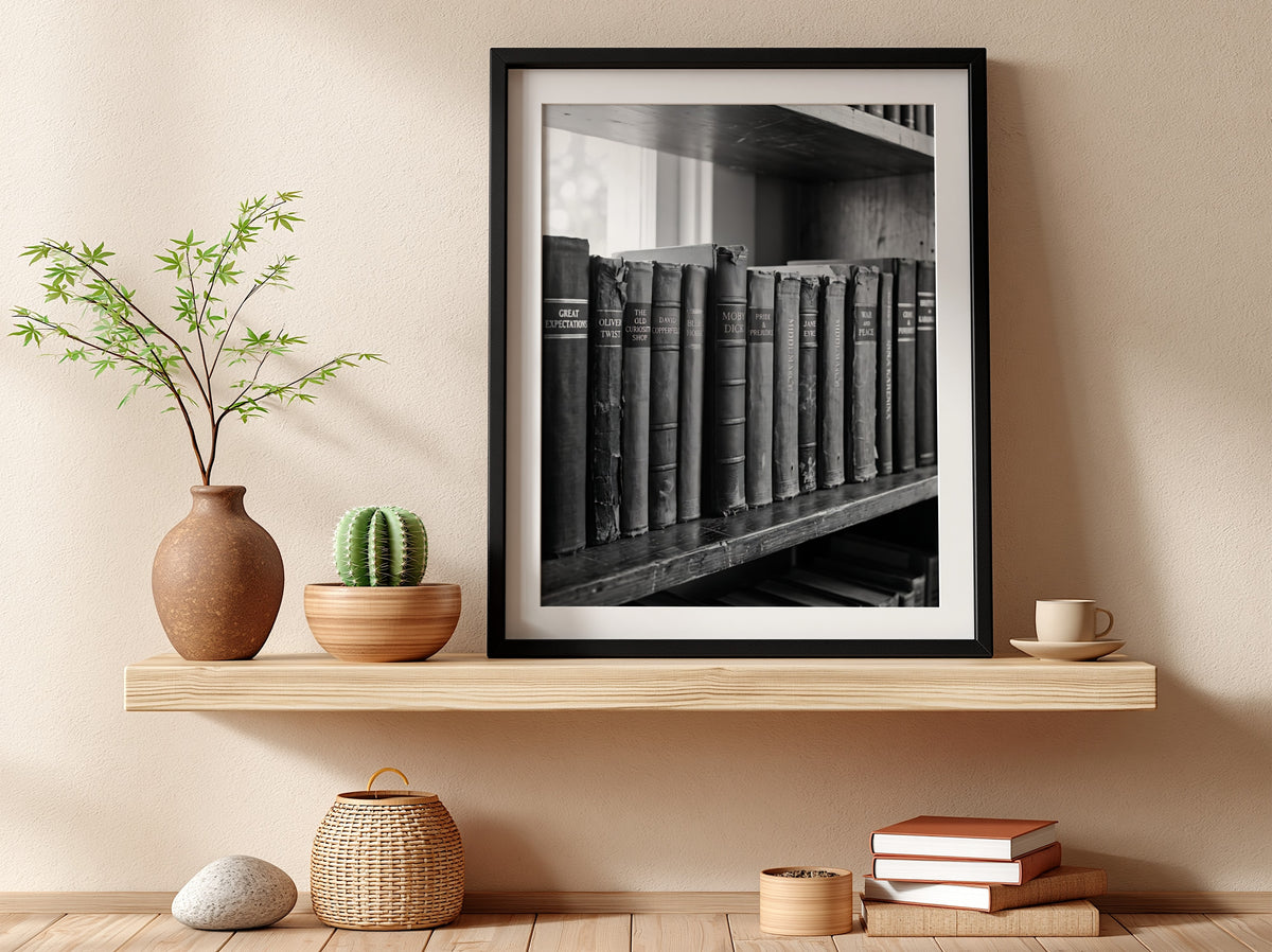 Poster showing hardcover book spines on wooden shelf in black and white vintage photographic style