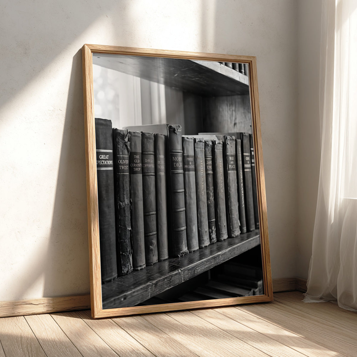 Poster showing hardcover book spines on wooden shelf in black and white vintage photographic style