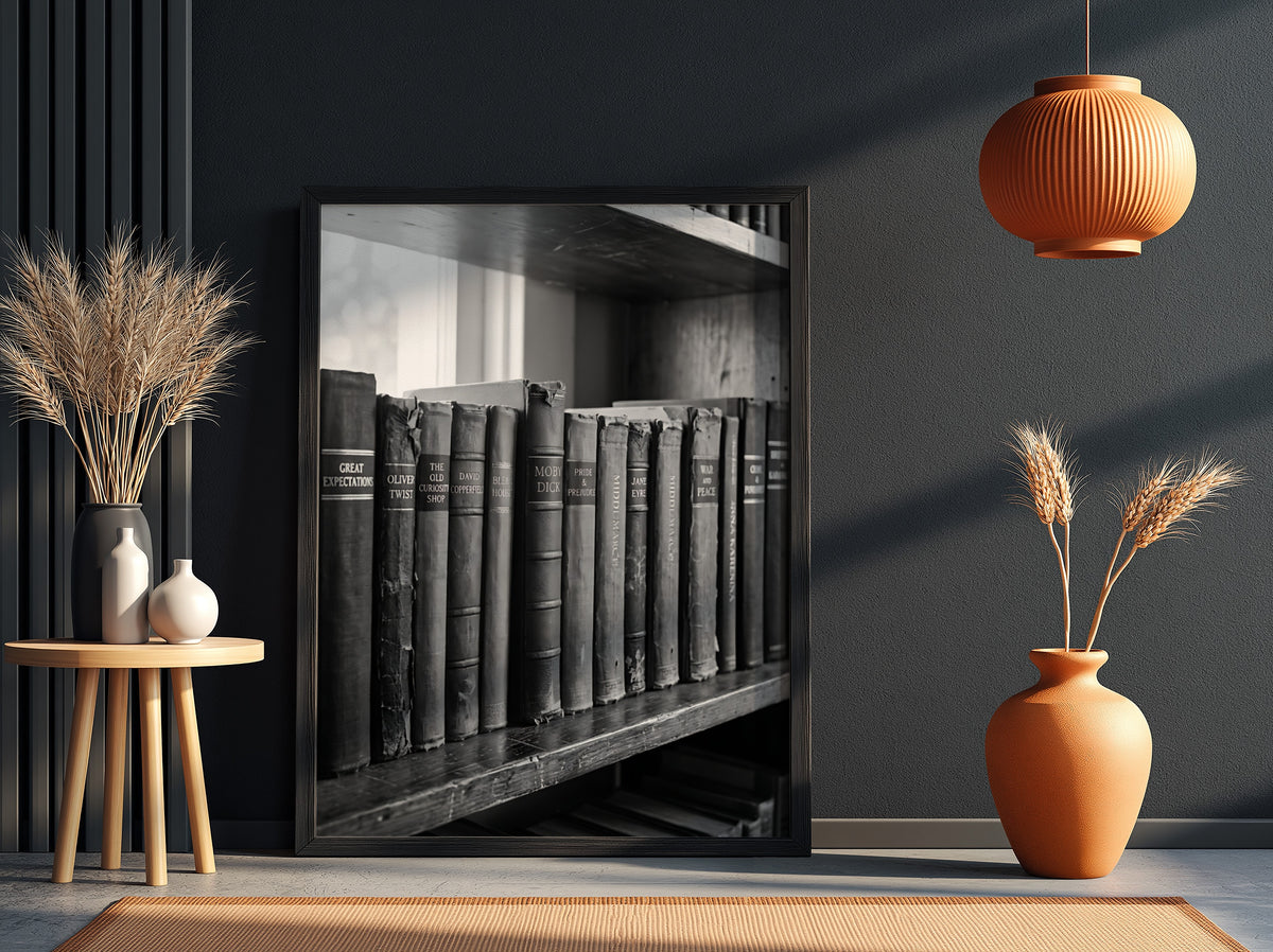 Poster showing hardcover book spines on wooden shelf in black and white vintage photographic style