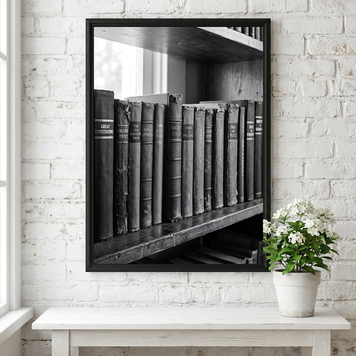 Poster showing hardcover book spines on wooden shelf in black and white vintage photographic style