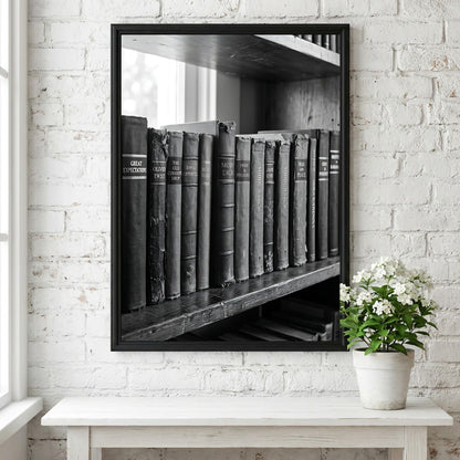 Poster showing hardcover book spines on wooden shelf in black and white vintage photographic style