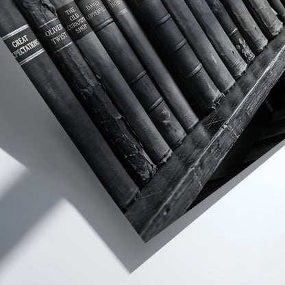 Poster showing hardcover book spines on wooden shelf in black and white vintage photographic style