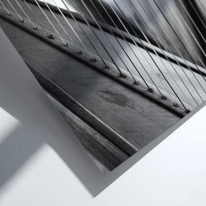 Black and white wall decor showing harp strings receding into soft focus with elegant curves and shadows