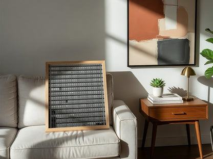Wall decor featuring monochrome high rise facade windows grid with geometric urban architectural style