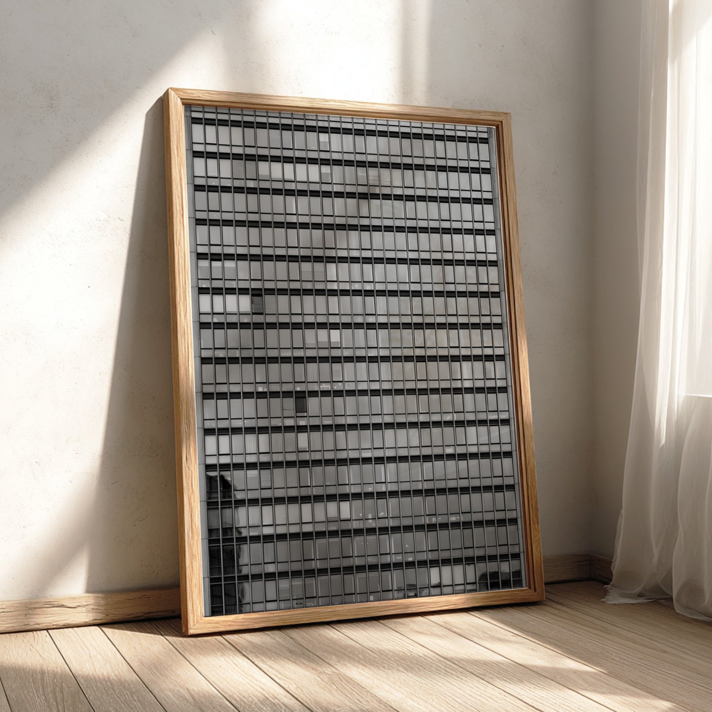 Wall decor featuring monochrome high rise facade windows grid with geometric urban architectural style