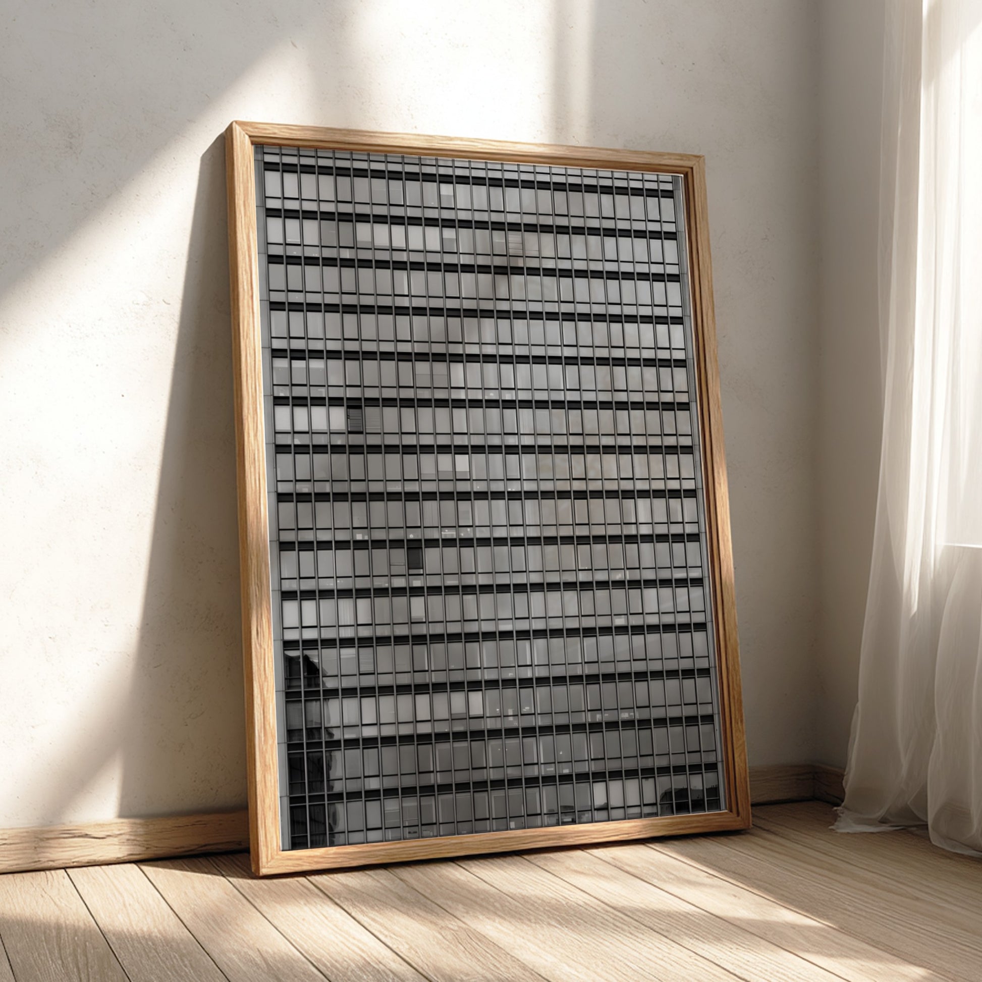 Wall decor featuring monochrome high rise facade windows grid with geometric urban architectural style