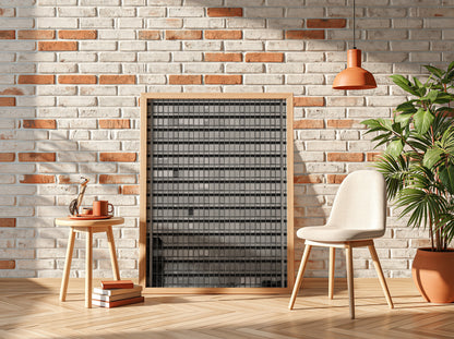 Wall decor featuring monochrome high rise facade windows grid with geometric urban architectural style