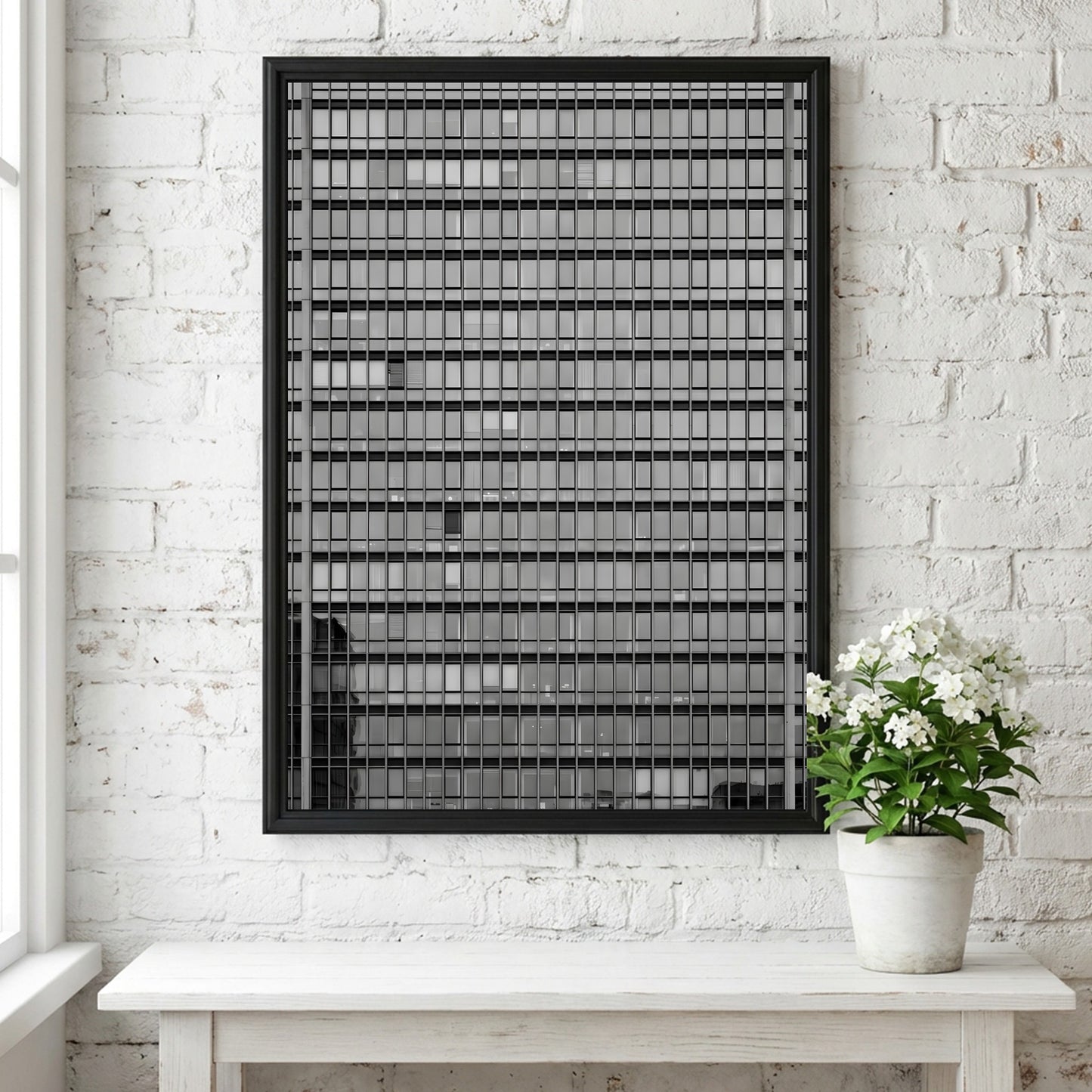 Wall decor featuring monochrome high rise facade windows grid with geometric urban architectural style