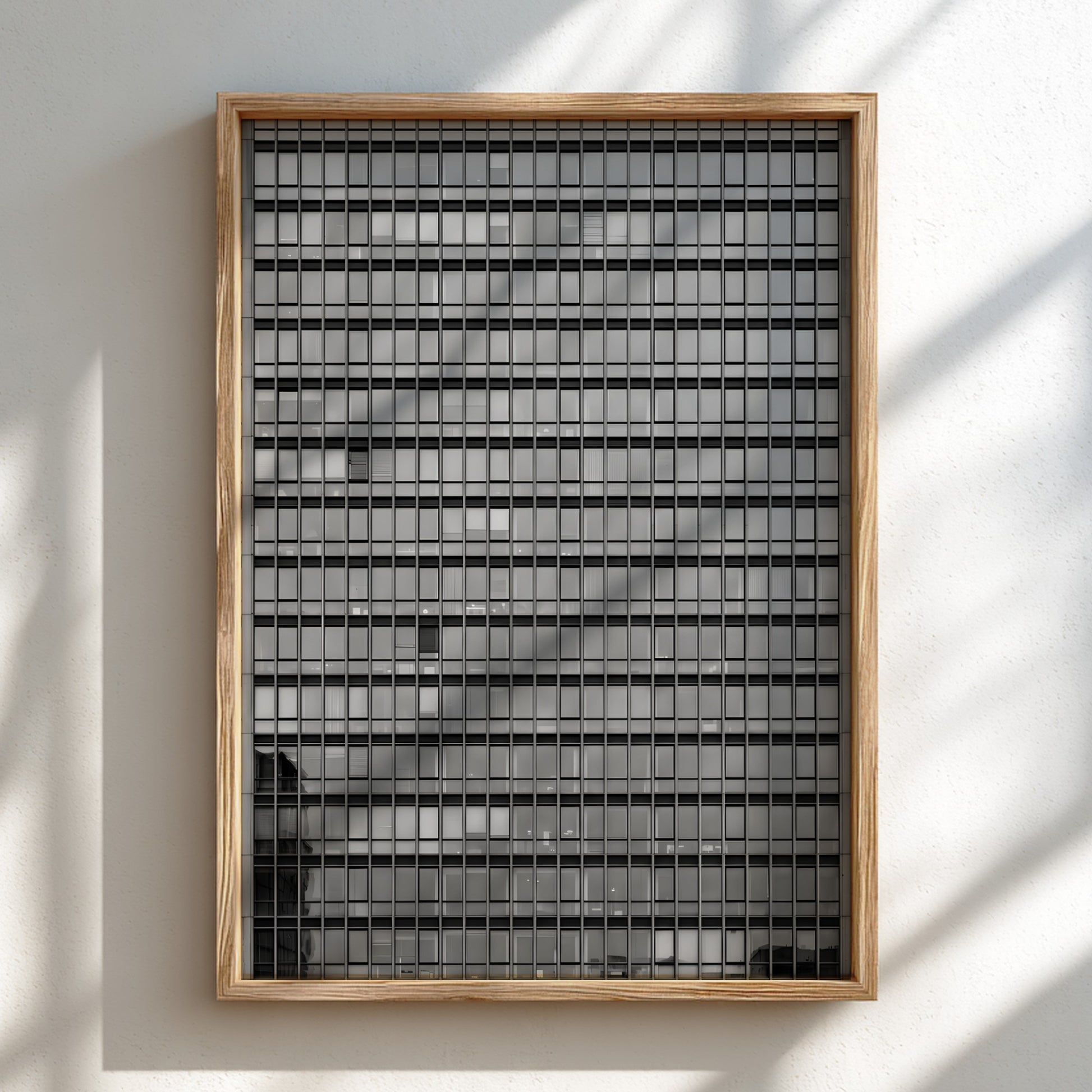 Wall decor featuring monochrome high rise facade windows grid with geometric urban architectural style