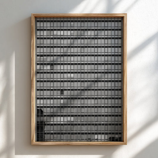 Wall decor featuring monochrome high rise facade windows grid with geometric urban architectural style
