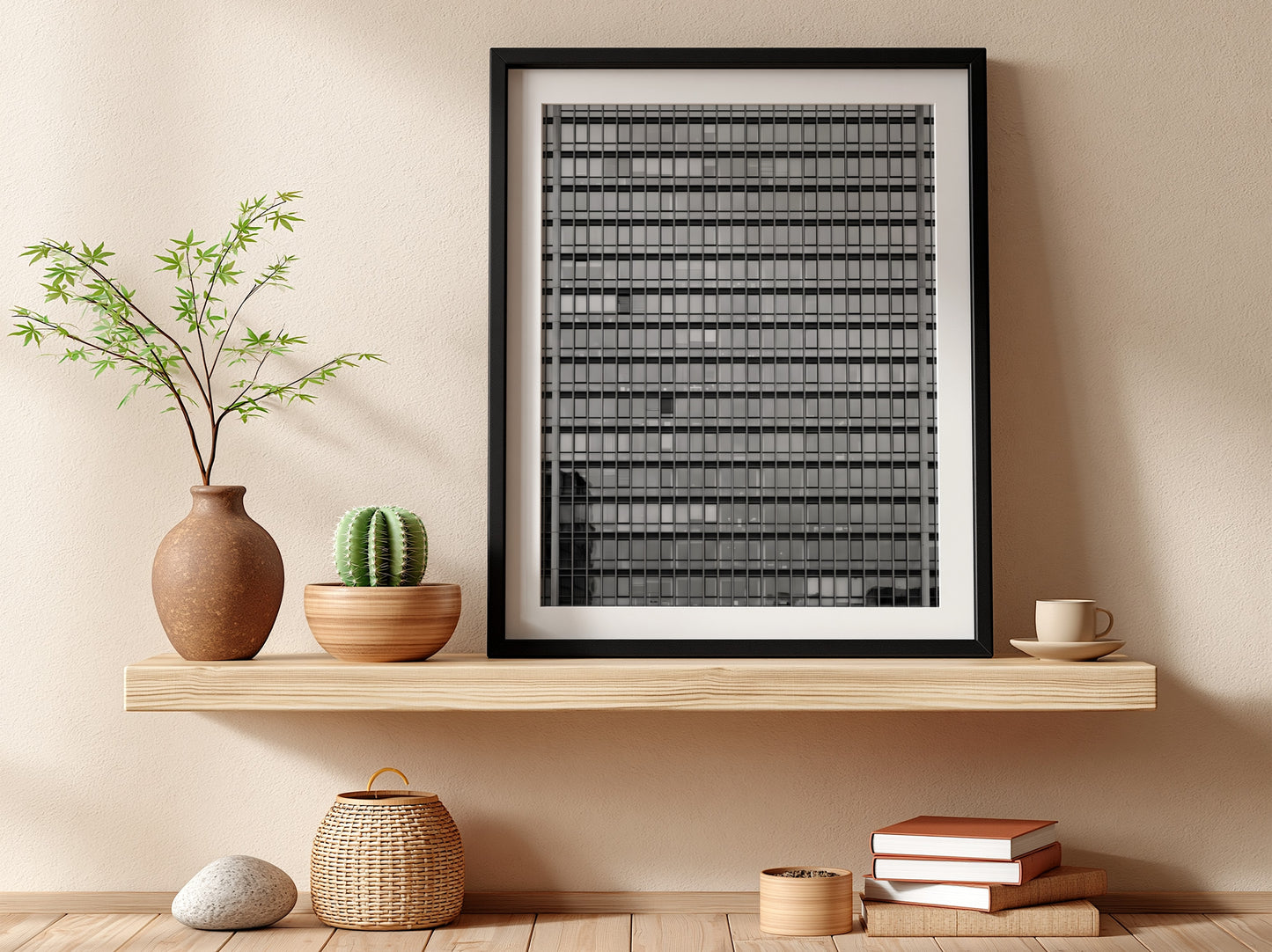 Wall decor featuring monochrome high rise facade windows grid with geometric urban architectural style