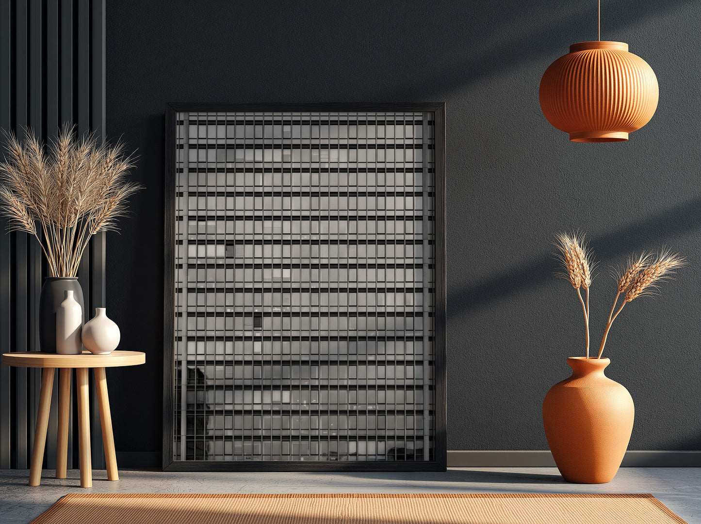 Wall decor featuring monochrome high rise facade windows grid with geometric urban architectural style